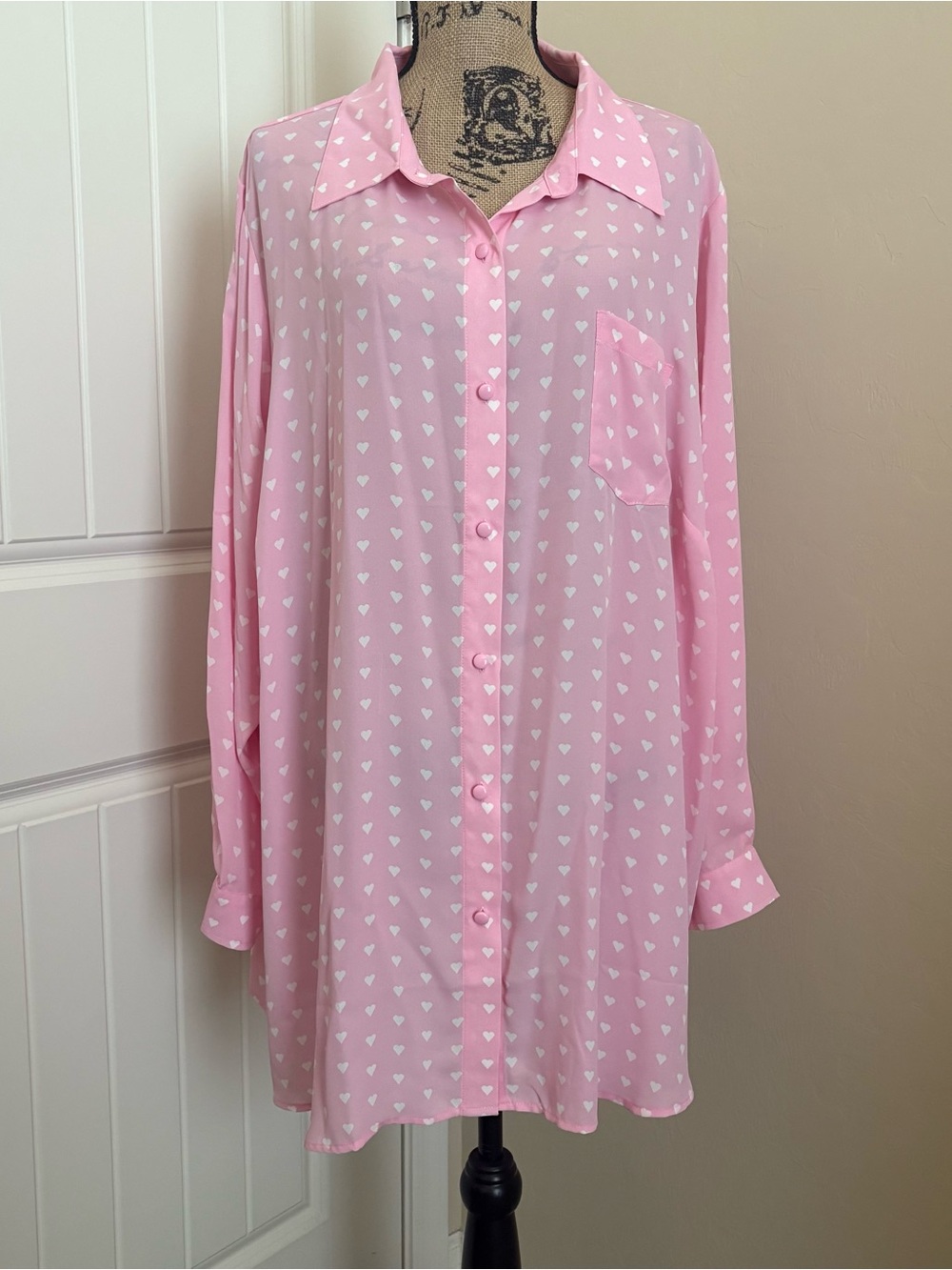 Joan Rivers Pink & White Heart Print Button Down Blouse